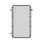 Standalone black chain link gate with rounded frame corners and hinge hardware on the left side, shown on a white background