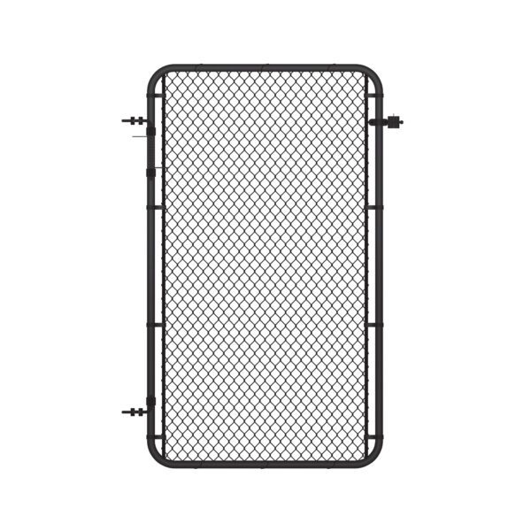 Standalone black chain link gate with rounded frame corners and hinge hardware on the left side, shown on a white background