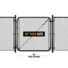 Black chain link gate installed between two fence sections, labeled '48" HIGH GATE' with dimension markers showing a 48" wide opening