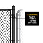 Close-up of black chain link gate hinge hardware on a post, with callout text reading 'GATE HARDWARE INCLUDED FOR BOTH 1 7/8" AND 2 3/8" POSTS