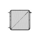 Standalone square black chain link gate with rounded frame corners, hinge hardware on the left side, and a diagonal tension cable brace, shown on a white background