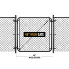 Black chain link gate installed between two fence sections, labeled '48" HIGH GATE' with dimension markers showing a 48" wide opening
