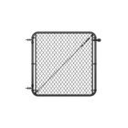 Standalone square black chain link gate with rounded frame corners, hinge hardware on the left side, and a diagonal tension cable brace, shown on a white background