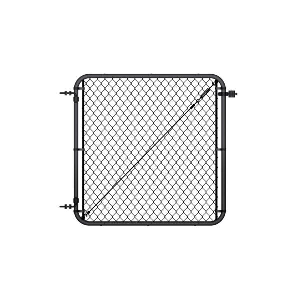 Standalone square black chain link gate with rounded frame corners, hinge hardware on the left side, and a diagonal tension cable brace, shown on a white background