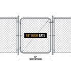 Galvanized silver chain link gate installed between two fence sections, labeled '48" HIGH GATE' with dimension markers showing a 42" wide opening.