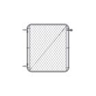Standalone galvanized silver chain link gate with rounded frame corners, hinge hardware on the left side, and a diagonal tension cable brace, shown on a white background.