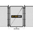 Black chain link gate installed between two fence sections, labeled '60" HIGH GATE' with dimension markers showing a 42" wide opening