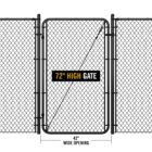 Black chain link gate installed between two fence sections, labeled '72" HIGH GATE' with dimension markers showing a 42" wide opening.