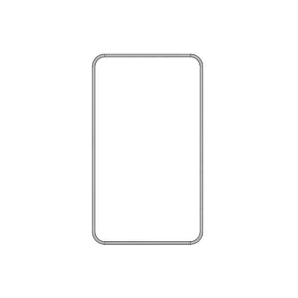 Empty galvanized silver gate frame outline with rounded corners, shown on a white background