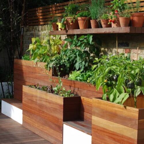 Backyard outdoor space patio deck potted plants planters ideas