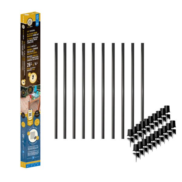 Nuvo Iron RDPS26-CK Round Baluster Combo Kit packaging with 10 black round balusters and 20 surface mount connectors