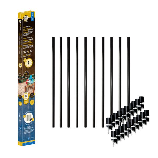 Nuvo Iron RDPS32-CK all-in-one round baluster combo kit box with ten 32-inch black round steel balusters and twenty SMSRA surface mount connectors laid out beside it