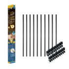 Nuvo Iron RDPS36-CK all-in-one round baluster combo kit box with ten 36-inch black round steel balusters and twenty SMSRA surface mount connectors laid out beside it