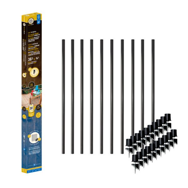 Nuvo Iron RDPS36-CK all-in-one round baluster combo kit box with ten 36-inch black round steel balusters and twenty SMSRA surface mount connectors laid out beside it
