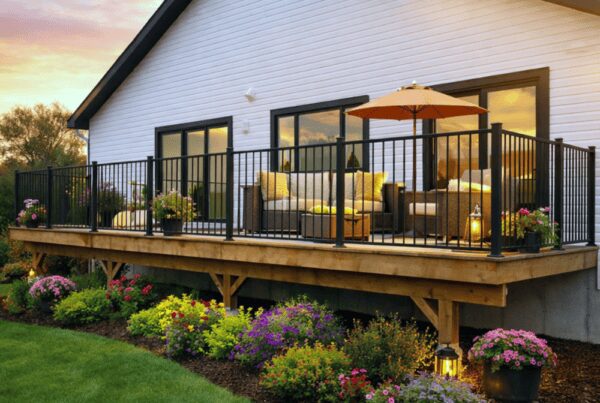 Black steel Ready Rail DR3470-STB railing panel installed on a raised deck with outdoor furniture at sunset