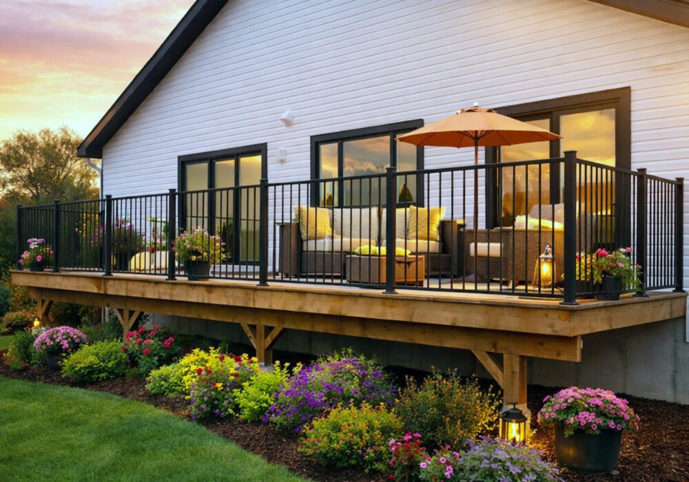 Black steel Ready Rail DR3470-STB railing panel installed on a raised deck with outdoor furniture at sunset