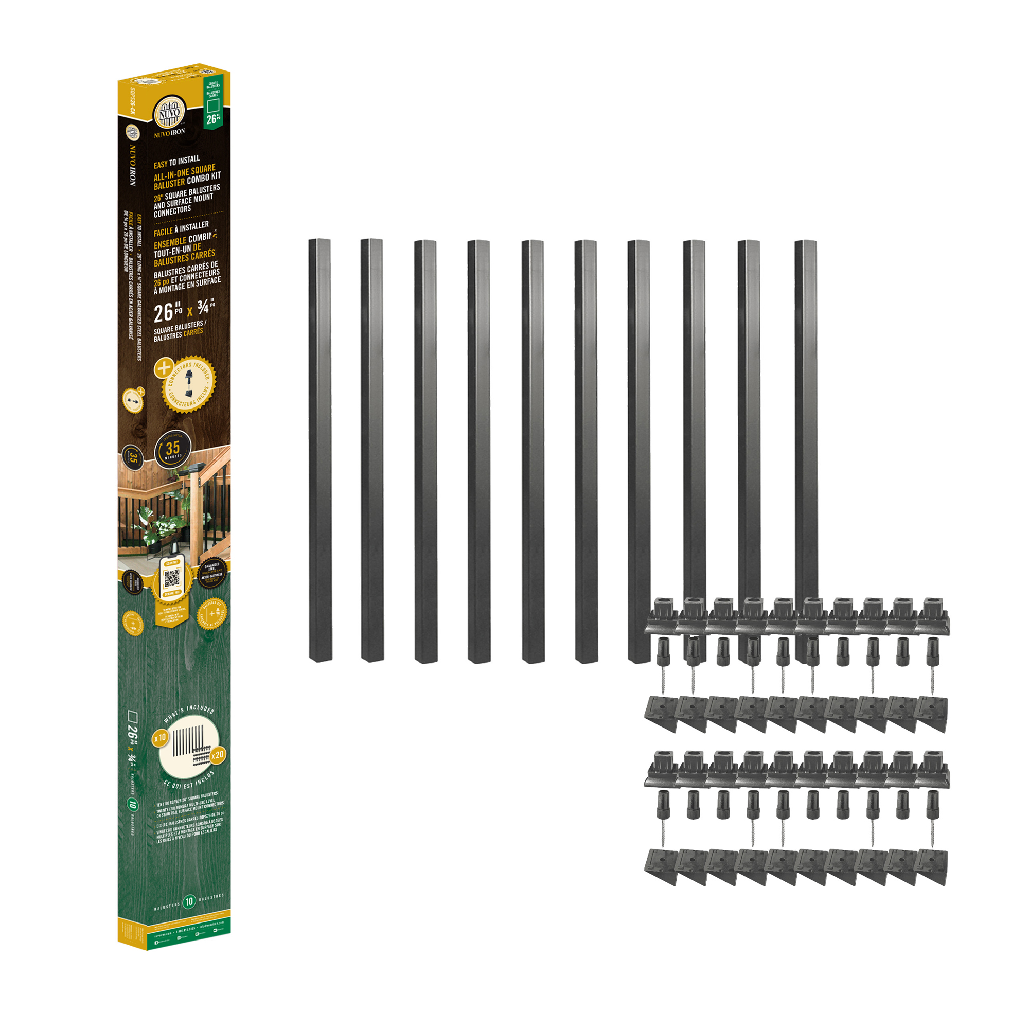 Nuvo Iron SQPS26-CK all-in-one square baluster combo kit box with ten 26-inch black square steel balusters and twenty SQMSRA surface mount connectors laid out beside it