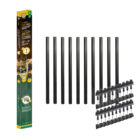 Nuvo Iron SQPS32-CK all-in-one square baluster combo kit box with ten 32-inch black square steel balusters and twenty SQMSRA surface mount connectors laid out beside it