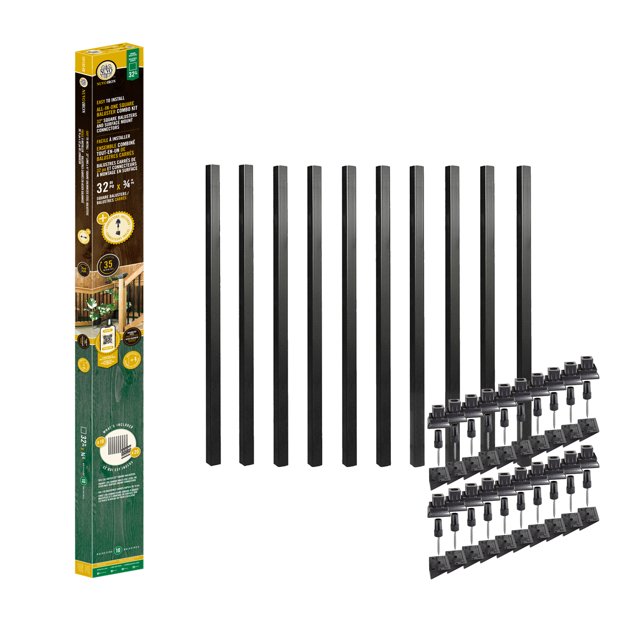 Nuvo Iron SQPS32-CK all-in-one square baluster combo kit box with ten 32-inch black square steel balusters and twenty SQMSRA surface mount connectors laid out beside it