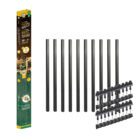 Nuvo Iron SQPS36-CK all-in-one square baluster combo kit box with ten 36-inch black square steel balusters and twenty SQMSRA surface mount connectors laid out beside it