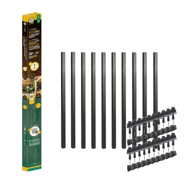 Nuvo Iron SQPS36-CK all-in-one square baluster combo kit box with ten 36-inch black square steel balusters and twenty SQMSRA surface mount connectors laid out beside it