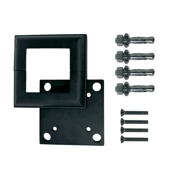 Post base conversion kit made from black powder-coated aluminum, includes all necessary hardware. Perfect for easy and durable post installations.