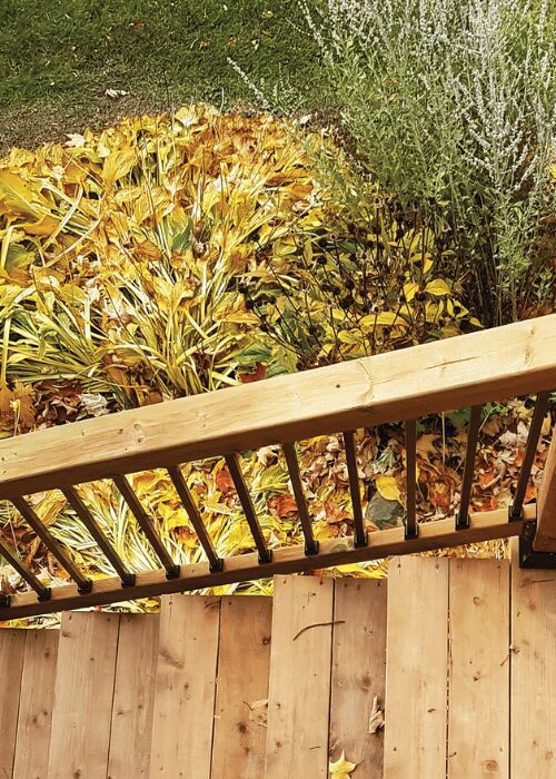 Black pyramid-style Nuvo Iron post cap installed on a wood deck railing post.