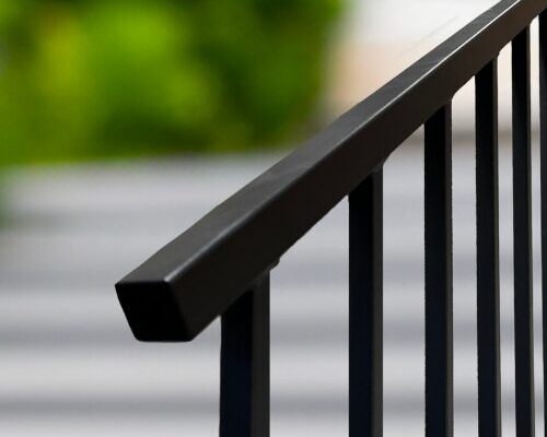 nuvo iron black metal handrail deck accessory with square profile and vertical balusters for modern outdoor stair railing