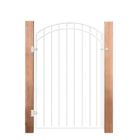 nuvo-iron-white-steel-arch-top-gate-between-wood-posts-front-view