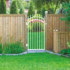 nuvo-iron-white-tall-spear-top-gate-installed-in-garden-wood-fence